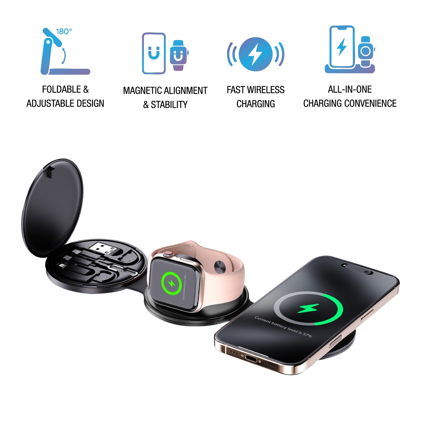 Ultimate 5-in-1 Tech Bundle: Folding Wireless Charger & Multi-Function Bedside Alarm Clock